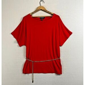 RALPH LAUREN Womens XL Red Rayon‎ Knit Top Gold Chain Belt Removable Dolman